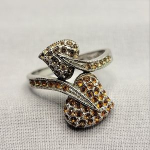 Vintage Signed RINC Leaf Bypass Ring Silver Tone and Rhinestone Gems